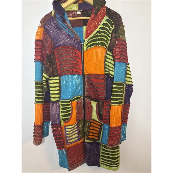 Greater Good Womens Boho Colorblock Long Jacket L XL Patchwork Artsy Hippie - Picture 1 of 10
